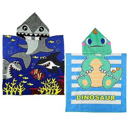 2 Pcs Blue Kid Beach Towels, 60x120cm Cartoon Child Hooded Poncho Towel Children Changing Robe for Beach Swimming Bath Towel Bathrobe Dinosaur Towel for Aged 3-7 Boys Toddler (Shark, Dinosaur)