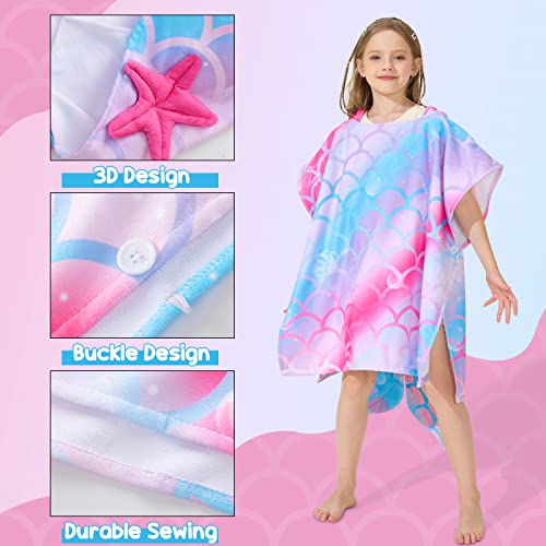 WERNNSAI Mermaid Kids Beach Towel - Hooded Towel Wrap 27" x 27" Kids Hooded Poncho Sand Free Beach Towel for Girls Bath Pool Quick Dry Soft Kids Bath Towel for Travel Shower Swim Microfiber