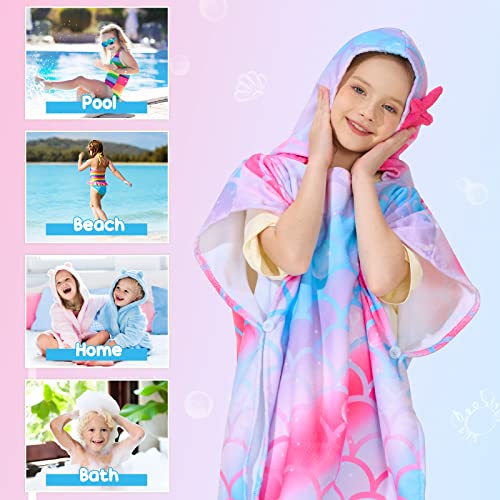 WERNNSAI Mermaid Kids Beach Towel - Hooded Towel Wrap 27" x 27" Kids Hooded Poncho Sand Free Beach Towel for Girls Bath Pool Quick Dry Soft Kids Bath Towel for Travel Shower Swim Microfiber