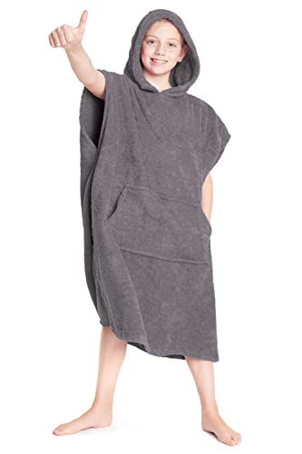 CityComfort Kids Unisex Hooded Towel Poncho | 100% Cotton Changing Robe with Pockets | Boys and Girls Hooded Towelling Poncho, Ideal for Holidays, Swimming, Beach, Bathing (10/13 Years, Charcoal)