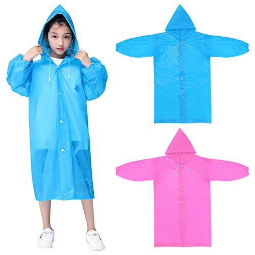 Hanunalir 2 Pcs Kids Rain Poncho, Reusable EVA Kids Raincoat with Hood and Buttons for Girls Boys, Rainwear Rain Jacket Cape for Outdoor Climbing Cycling Hiking Camping (pink+blue), 3 Years