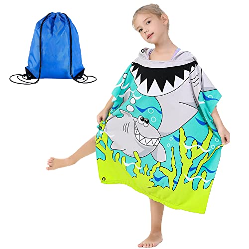 Hooded Towel Poncho for Kids, Blue Shark Image Children's Hooded Bath Towels Soft and Breathable Beach Bath Poncho Towels for Boys Girls-60cmx120cm