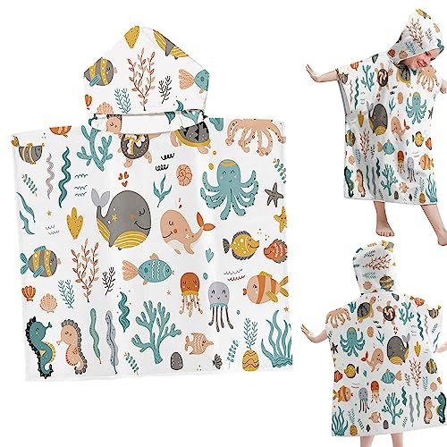 Kids Hooded Poncho Bath Towel Microfibre Swimming Bath Towel Hooded Beach Towel for Girls Boys Soft Bathrobe Changing Robe for Kids, 65 x 75 cm