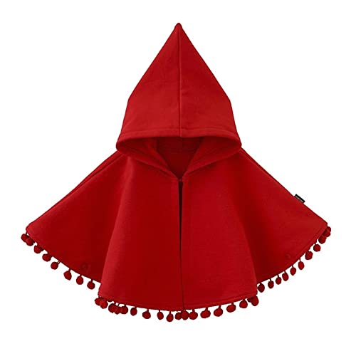 TINAYAUE Hooded Cloak Cloaks Warm Knitted Poncho Toddlers Red Cape Poncho Coat Hoodies Pom Pom Tassel Snowsuit Winter Halloween Cape for Boys Girls Baby (L)