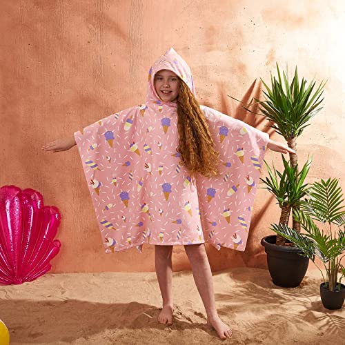 Dreamscene Ice Cream Hooded Poncho Towel for Kids Swimming Bath Shower Holiday Microfibre Pool Beach Changing Robe for Boys Girls, Pink Purple