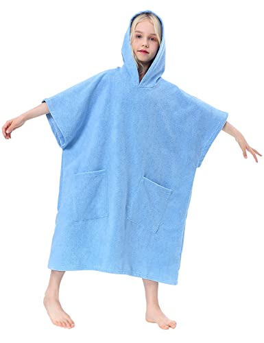 TOMEEK Hooded Towel for Kids Microfibre Kids Surf Poncho Towels Changing Robe Towel with Pocket Boys Girls Beach Poncho for Swimming,Surfing,Bathing(Blue)