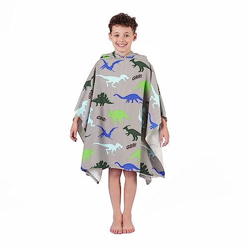 Dreamscene Kids Poncho Towel, Swimming Pool Hooded Changing Robe Surfing Beach Baths Quick Dry Soft Microfibre, Dino Print One Size