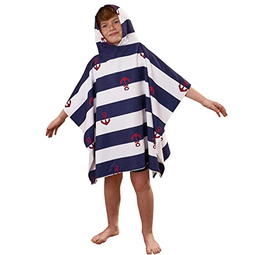 Dreamscene Anchor Towel Poncho Hooded for Kids Childrens boys Girls Bath Swimming Beach Absorbent Microfibre Changing Robe, Navy Blue White