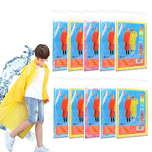 Runmeihe 10 Pack Disposable Rain Ponchos for Kids, Waterproof Plastic Ponchos, Lightweight Poncho with Hoods, Multi Colors Emergency Raincoats for Boys Girls Random Color
