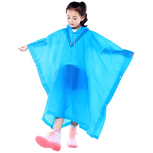 Kids Waterproof Rain Poncho, Reusable EVA Kids Raincoat with Hood and Buttons for Girls Boys, Lightweight Clear Rainwear Children Rain Cape for School Outdoor Hiking Cycling Camping Travel (Blue)