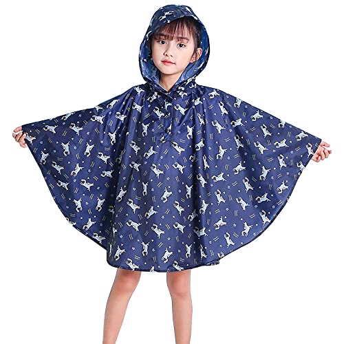 Kids4ever Kids Hooded Rain Poncho Coat Boys Waterproof Jacket Raincoat Lightweight Rainwear Girls Blue Horse for School Outdoor Cycling 5-7 Years M
