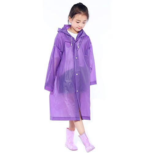 Kids Waterproof Rain Coat, Clear EVA Rain Poncho with Hood for Girls Boys, Toddler Rainwear Rain Jacket Cape, Reusable Children Raincoat for Outdoor Climbing Cycling Hiking Camping (Purple)