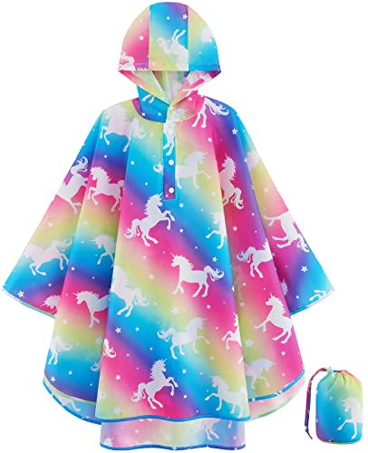 WAWSAM Lightweight Girls Rain Poncho Waterproof Toddler Raincoat Reusable Kids Rainwear Portable Unicorn Rain Slicker Outwear with Pouch Youth Rainbow Rain Jacket With Hood