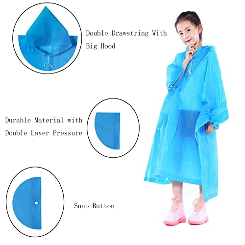 Rain Poncho For Kids, Waterproof Raincoat For Boys Girls, Resuable EVA Poncho, Drawstring Children Rainwear Rain Cape with Button and Hood, Toddler Rain Jacket For School Outdoor Hiking Travel (Blue)