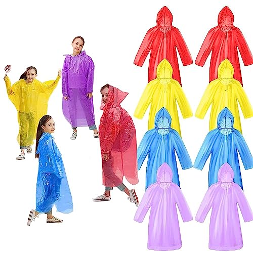 UoQo 8Pcs Waterproof Rain Poncho for Kids Disposable Emergency Poncho with Drawstring Hoods and Stretch Cuff Reusable Raincoat for Outdoor Activities (4 Colors)