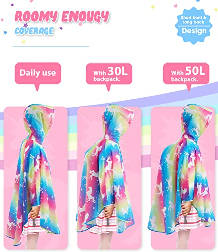 WAWSAM Lightweight Girls Rain Poncho Waterproof Toddler Raincoat Reusable Kids Rainwear Portable Unicorn Rain Slicker Outwear with Pouch Youth Rainbow Rain Jacket With Hood