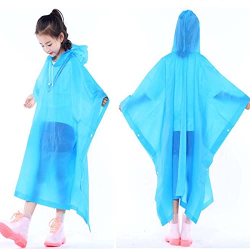 Rain Poncho For Kids, Waterproof Raincoat For Boys Girls, Resuable EVA Poncho, Drawstring Children Rainwear Rain Cape with Button and Hood, Toddler Rain Jacket For School Outdoor Hiking Travel (Blue)