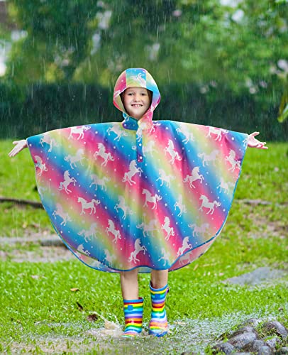 WAWSAM Lightweight Girls Rain Poncho Waterproof Toddler Raincoat Reusable Kids Rainwear Portable Unicorn Rain Slicker Outwear with Pouch Youth Rainbow Rain Jacket With Hood