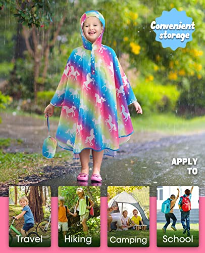 WAWSAM Lightweight Girls Rain Poncho Waterproof Toddler Raincoat Reusable Kids Rainwear Portable Unicorn Rain Slicker Outwear with Pouch Youth Rainbow Rain Jacket With Hood