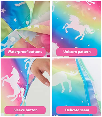 WAWSAM Lightweight Girls Rain Poncho Waterproof Toddler Raincoat Reusable Kids Rainwear Portable Unicorn Rain Slicker Outwear with Pouch Youth Rainbow Rain Jacket With Hood