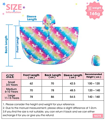 WAWSAM Lightweight Girls Rain Poncho Waterproof Toddler Raincoat Reusable Kids Rainwear Portable Unicorn Rain Slicker Outwear with Pouch Youth Rainbow Rain Jacket With Hood
