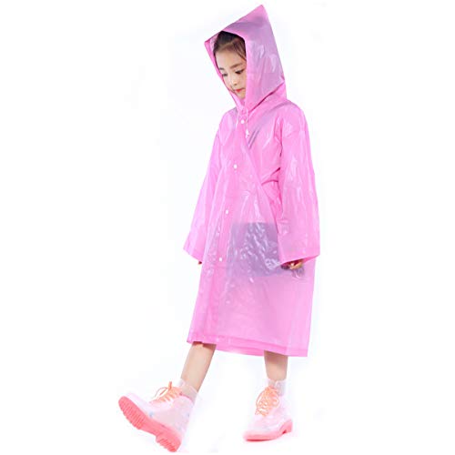 Kids Rain Coat for Girls Boys, Waterproof EVA Rain Poncho with Hood, Reusable Toddler Rain Jacket Cape Rainwear, Clear Children Raincoat for Travel Outdoor Climbing Hiking Camping (Rose Red)