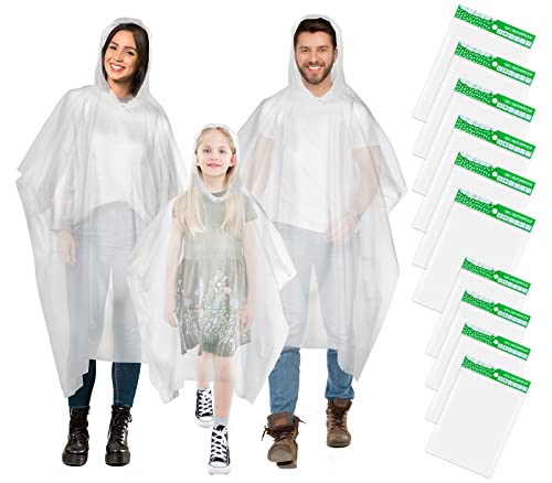 10 Poncho Waterproof, Rain Ponchos Family Pack, Disposable Rain Poncho for Adult & Kid, Unisex Clear Poncho with Drawstring Hood, Lightweight Rain Coat, Perfect for Disney, Hiking, Festivals