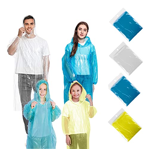 hoinya 4 pcs Disposable Rain Ponchos, Waterproof Rain Poncho for Adults and Kids Emergency Raincoats Transparent Lightweight Rain coats with Hood and Drawstring for Festivals, Camping, Hiking