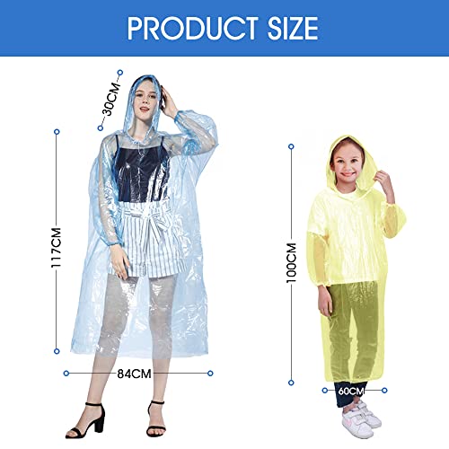 hoinya 4 pcs Disposable Rain Ponchos, Waterproof Rain Poncho for Adults and Kids Emergency Raincoats Transparent Lightweight Rain coats with Hood and Drawstring for Festivals, Camping, Hiking