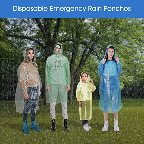 hoinya 4 pcs Disposable Rain Ponchos, Waterproof Rain Poncho for Adults and Kids Emergency Raincoats Transparent Lightweight Rain coats with Hood and Drawstring for Festivals, Camping, Hiking