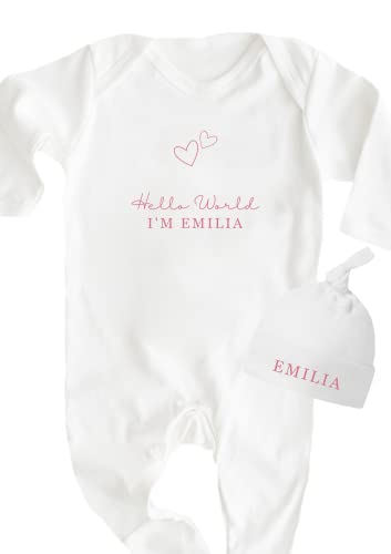 Personlaised Hello World Babygrow Sleepsuit Hat Set White Baby grow New baby New Arrival Pink Blue text Newborn Hearts Baby Girl boy