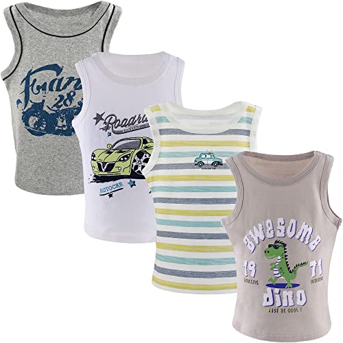 Yintry Boys Round Neck Vests Underwear Sleeveless Breathable T-Shirt Kids Soft Cotton Tank Tops Children Plain White or Print Undershirts for 2-10 Years
