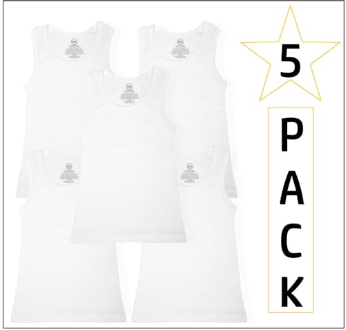 Label Cutters Boys 5 Pack Vests White 100% Cotton Regular & Husky Fit Sleeveless Ribbed Knit 10 to 16 Years (XL)