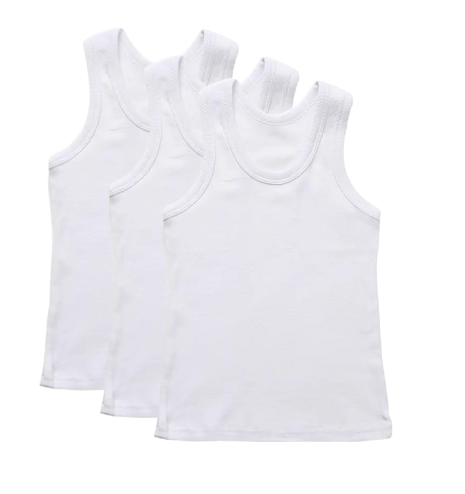 Pack of 3 Children 100% Cotton Kids Vest, Soft Tank Tops, Back to School Undershirts Summer Sleeveless Top Vests for Boys Girls School wear, School Uniform White Shirts (White, 12-13 Years)