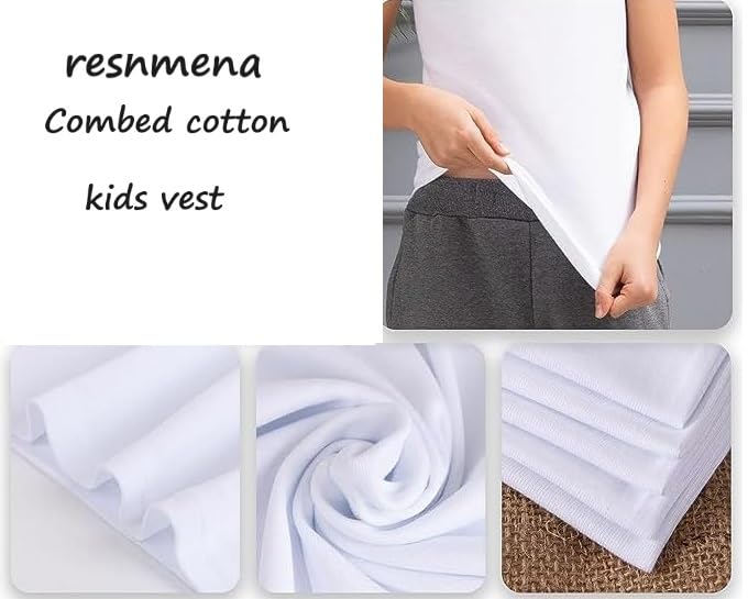 reshmena® Boys Vests 100% Cotton White Sleeveless Plain Undershirts Slim Fit Summer Top Vest Every-Day wear, Kids Back to School Boys Girls Vest Shirts (Pack 3) 6-8 yrs