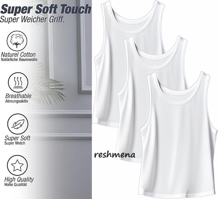 reshmena® Boys Vests 100% Cotton White Sleeveless Plain Undershirts Slim Fit Summer Top Vest Every-Day wear, Kids Back to School Boys Girls Vest Shirts (Pack 3) 6-8 yrs