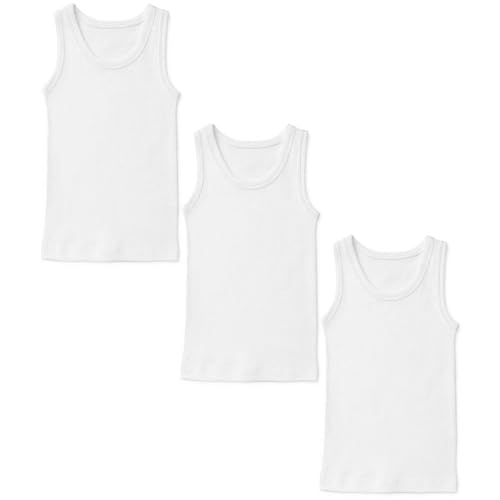 AVENANT® Boys Kids White Vest Tank Top-Pack of 3 Vests 100% Cotton Summer Vest Soft, Comfy, Plain Sleeveless Undershirt Fitted Vests. Everyday Wear Back to School Kids. Size 6-8 Year (Pack 3)