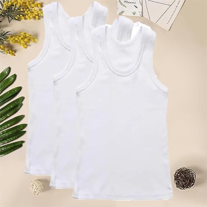 AVENANT® Boys Kids White Vest Tank Top-Pack of 3 Vests 100% Cotton Summer Vest Soft, Comfy, Plain Sleeveless Undershirt Fitted Vests. Everyday Wear Back to School Kids. Size 6-8 Year (Pack 3)