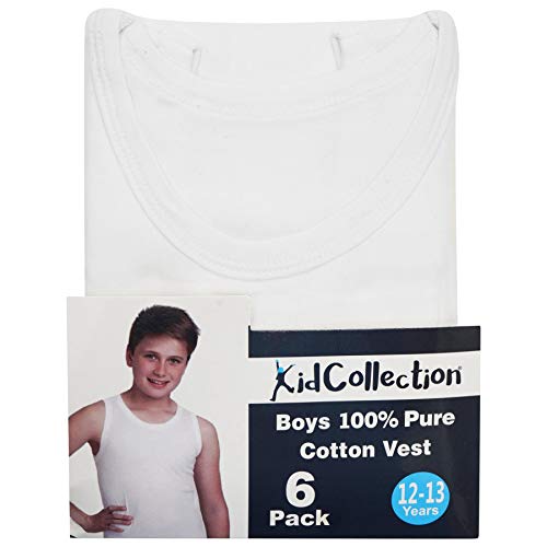 Boys/Girls Pack of 6 Vests | 100% Pure Cotton Interlock Vests | School Uniform PE Underwear | White | 6-8 Years