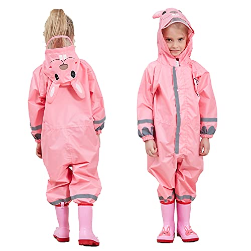 FILOWA Raincoat Kids Hooded All in One Waterproof Rainsuit Girls Puddle Suit Pink Rainwear Lightweight Portable Breathable PVC Hat Brim Zipper Muddy Suit for Childs 7-10 Years