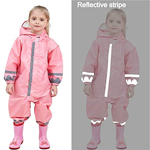 FILOWA Raincoat Kids Hooded All in One Waterproof Rainsuit Girls Puddle Suit Pink Rainwear Lightweight Portable Breathable PVC Hat Brim Zipper Muddy Suit for Childs 7-10 Years