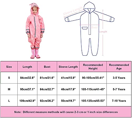 FILOWA Raincoat Kids Hooded All in One Waterproof Rainsuit Girls Puddle Suit Pink Rainwear Lightweight Portable Breathable PVC Hat Brim Zipper Muddy Suit for Childs 7-10 Years