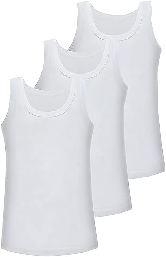 COSHAL® Boys Vests 100% Cotton Childrens Vests White Sleeve-Less Plain Undershirts Slim Fit Summer Top Vest Every-Day wear, Kids Back to School Boys Girls Vest Shirts (Pack 3) 12-13 Yrs