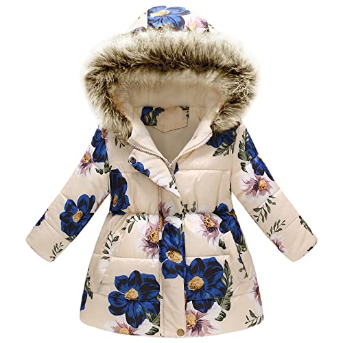 amropi Girls Winter Coat Floral Hooded Jacket with Faux Fur Warm Parka Padded Overcoat 9-10 Years, Beige Flower