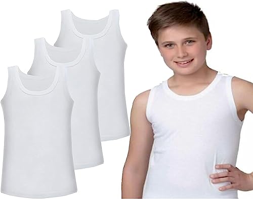 COSHAL® Boys Vests 100% Cotton Childrens Vests White Sleeve-Less Plain Undershirts Slim Fit Summer Top Vest Every-Day wear, Kids Back to School Boys Girls Vest Shirts (Pack 3) 12-13 Yrs