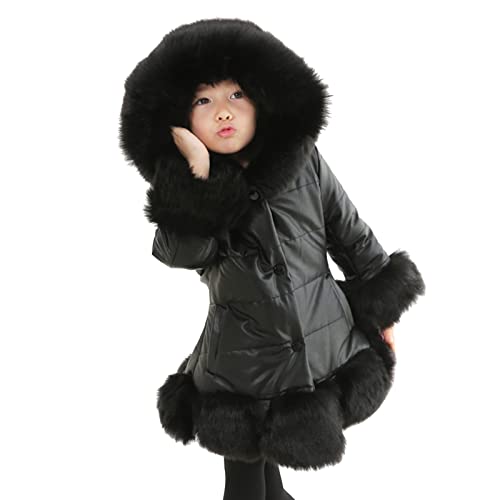 Kids Little Girl's Thicken Coat Winter Warm Faur Leather Button Down Jacket With Fleece Hood Long Sleeve Outerwear Girls Cold Weather Coat (Black, 10-11 Years)