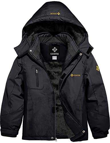 GEMYSE Boy's Mountain Waterproof Ski Jacket Windproof Fleece Outdoor Winter Coat with Hood (Black,6-7Years,6-7Years,6/7)