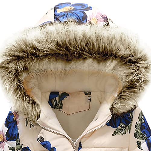 amropi Girls Winter Coat Floral Hooded Jacket with Faux Fur Warm Parka Padded Overcoat 9-10 Years, Beige Flower