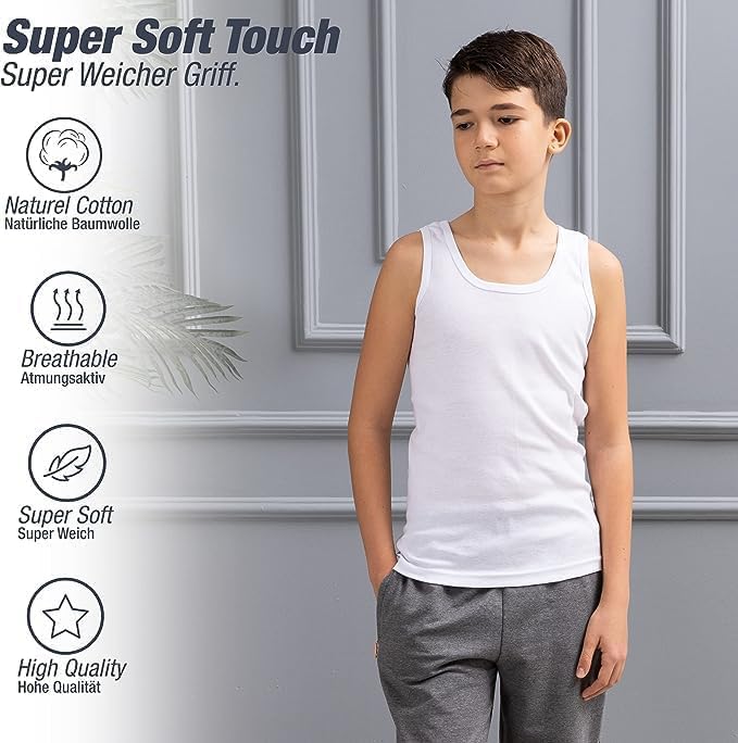 COSHAL® Boys Vests 100% Cotton Childrens Vests White Sleeve-Less Plain Undershirts Slim Fit Summer Top Vest Every-Day wear, Kids Back to School Boys Girls Vest Shirts (Pack 3) 12-13 Yrs