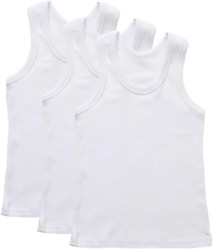 COSHAL® Boys Vests 100% Cotton Childrens Vests White Sleeve-Less Plain Undershirts Slim Fit Summer Top Vest Every-Day wear, Kids Back to School Boys Girls Vest Shirts (Pack 3) 12-13 Yrs